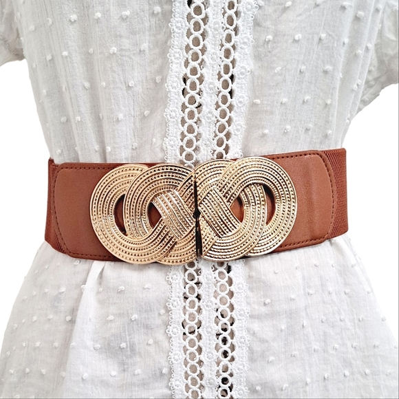 Boutique Accessories - Brown corset elastic wide Faux leather chunky gold swirl buckle sexy waist belt
